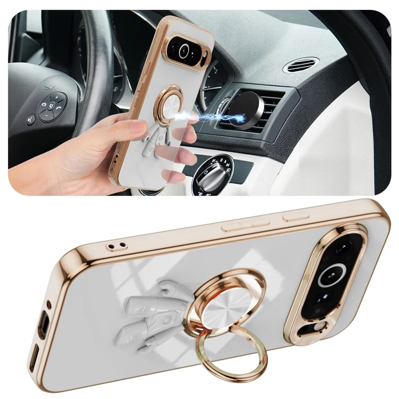 For Google Pixel 9 Pro XL Case with Astronaut Ring Kickstand 6D Electroplating TPU Phone Cover - White