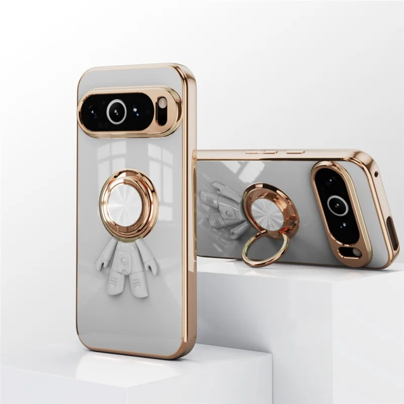 For Google Pixel 9 Pro XL Case with Astronaut Ring Kickstand 6D Electroplating TPU Phone Cover - White
