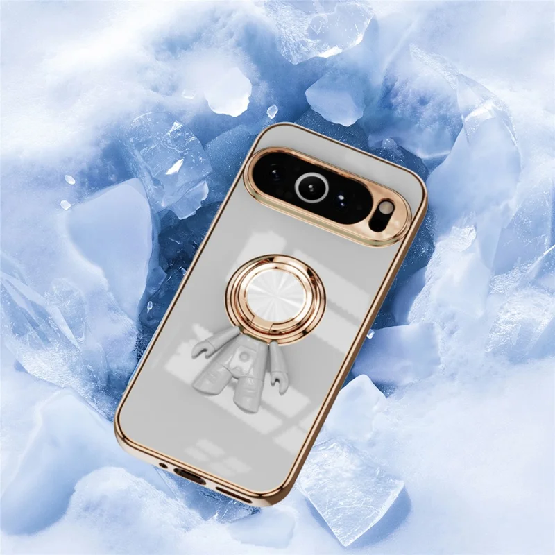 For Google Pixel 9 Pro XL Case with Astronaut Ring Kickstand 6D Electroplating TPU Phone Cover - White