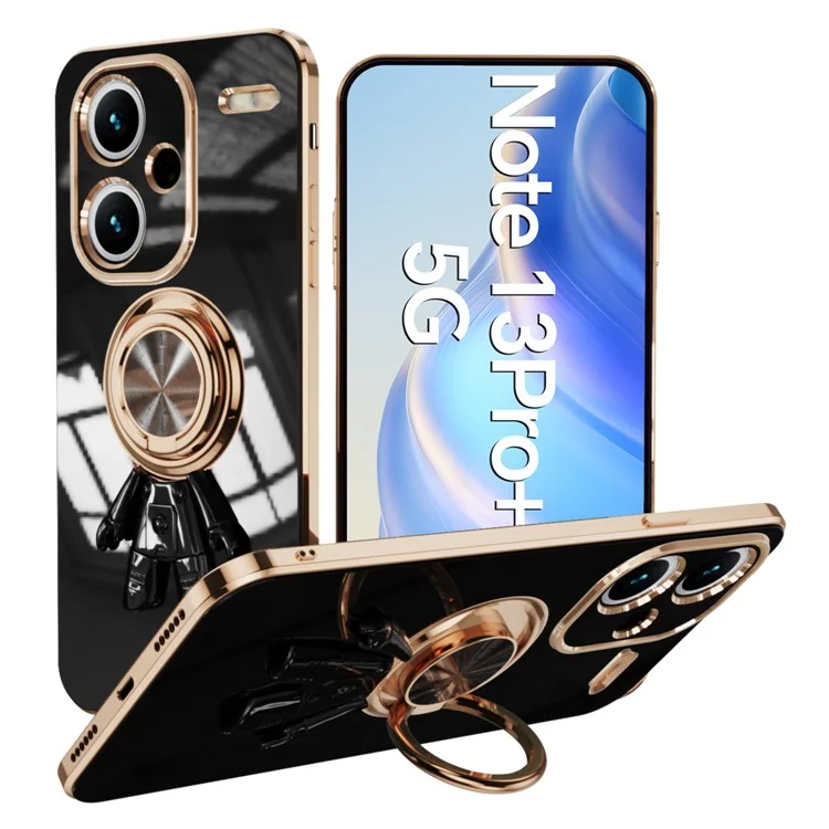 Capa para Xiaomi Redmi Note 13 Pro+ 5G com Suporte de Anel de Astronauta, Capa de Telefone TPU Eletroplástica 6D - Preto
