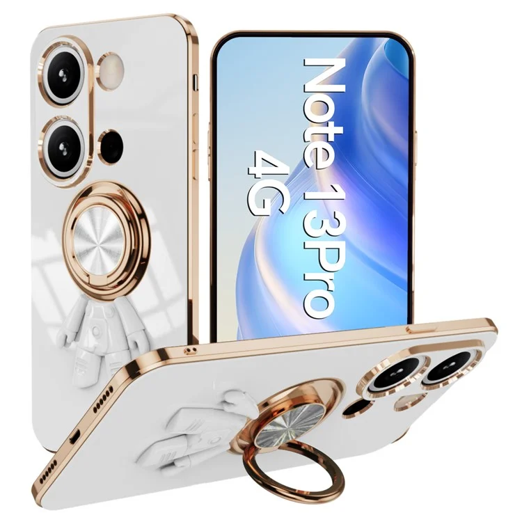 Capa para Xiaomi Redmi Note 13 Pro 4G / Poco M6 Pro 4G com Suporte de Anel de Astronauta, Kickstand 6D Eletroplástico TPU - Branco
