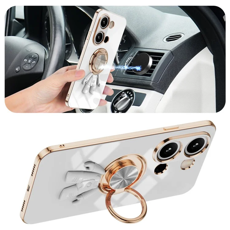 Capa para Xiaomi Redmi Note 13 Pro 4G / Poco M6 Pro 4G com Suporte de Anel de Astronauta, Kickstand 6D Eletroplástico TPU - Branco