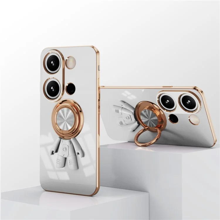 Capa para Xiaomi Redmi Note 13 Pro 4G / Poco M6 Pro 4G com Suporte de Anel de Astronauta, Kickstand 6D Eletroplástico TPU - Branco