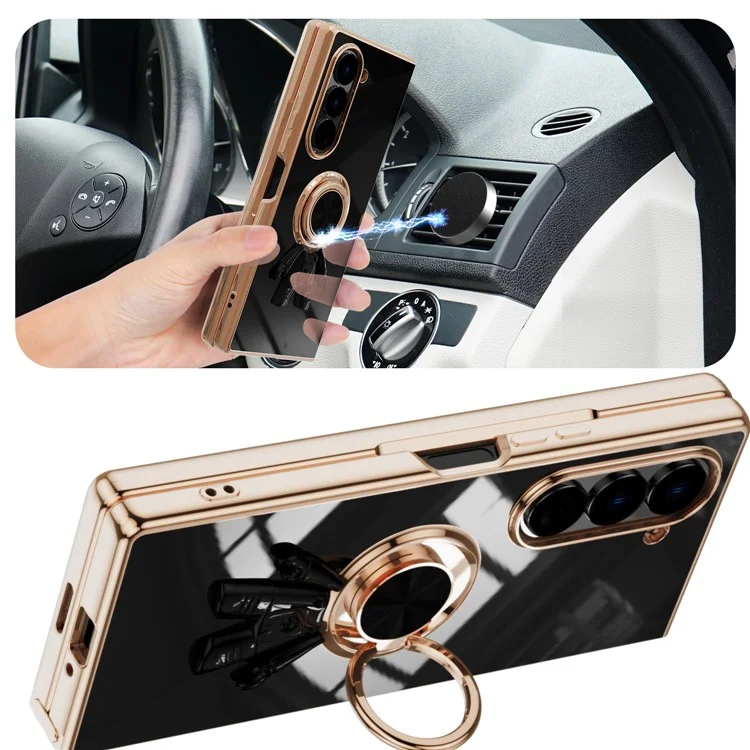 For Samsung Galaxy Z Fold6 5G Case with Astronaut Ring Kickstand 6D Electroplating TPU Phone Cover - Black