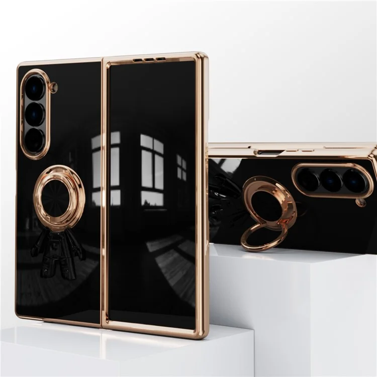 For Samsung Galaxy Z Fold6 5G Case with Astronaut Ring Kickstand 6D Electroplating TPU Phone Cover - Black