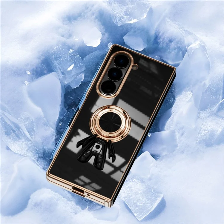 For Samsung Galaxy Z Fold6 5G Case with Astronaut Ring Kickstand 6D Electroplating TPU Phone Cover - Black