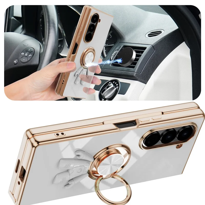 For Samsung Galaxy Z Fold6 5G Case with Astronaut Ring Kickstand 6D Electroplating TPU Phone Cover - White
