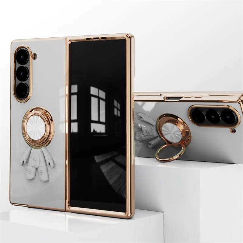 For Samsung Galaxy Z Fold6 5G Case with Astronaut Ring Kickstand 6D Electroplating TPU Phone Cover - White
