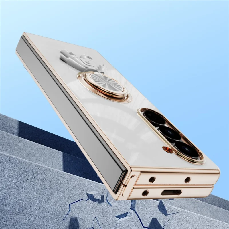 For Samsung Galaxy Z Fold6 5G Case with Astronaut Ring Kickstand 6D Electroplating TPU Phone Cover - White