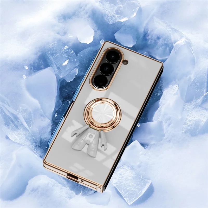 For Samsung Galaxy Z Fold6 5G Case with Astronaut Ring Kickstand 6D Electroplating TPU Phone Cover - White