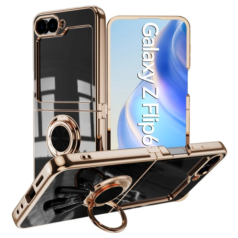 For Samsung Galaxy Z Flip7 FE 5G / Z Flip6 5G Case with Astronaut Ring Kickstand 6D Electroplating TPU Phone Cover - Black