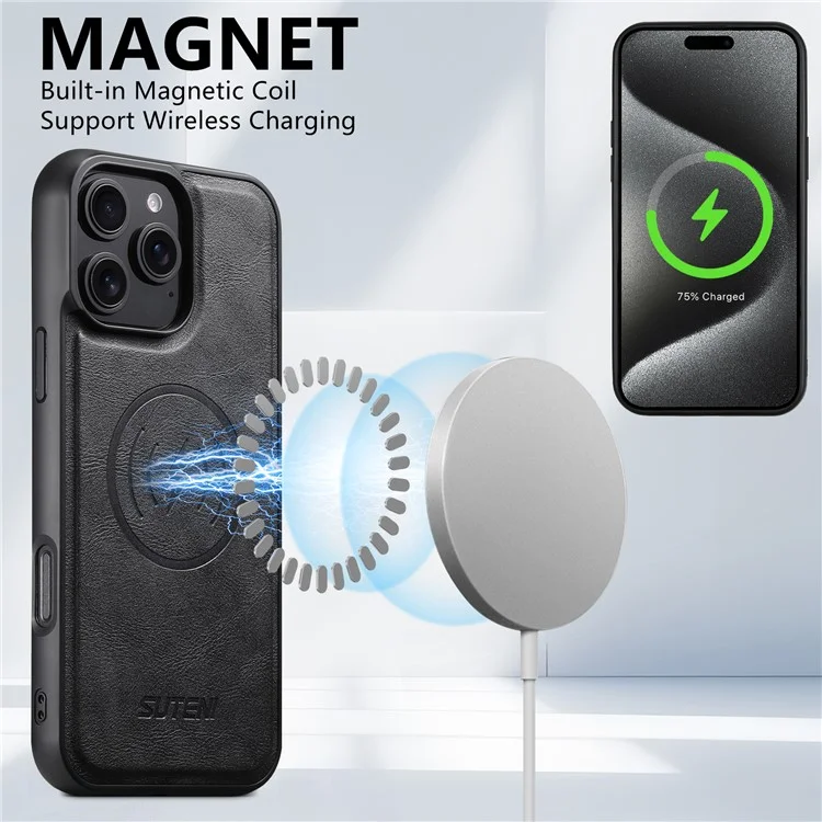 SUTENI M3 For iPhone 16 Pro Max Magnetic Case Cowhide Texture Leather Back Cover with Card Bag Kickstand - Black