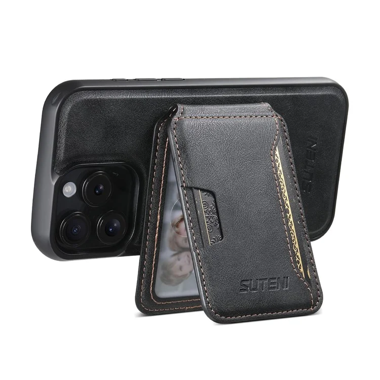 SUTENI M3 For iPhone 16 Pro Max Magnetic Case Cowhide Texture Leather Back Cover with Card Bag Kickstand - Black