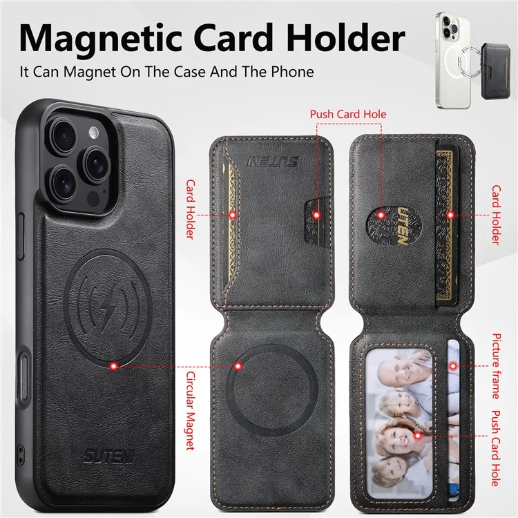 SUTENI M3 For iPhone 16 Pro Max Magnetic Case Cowhide Texture Leather Back Cover with Card Bag Kickstand - Black