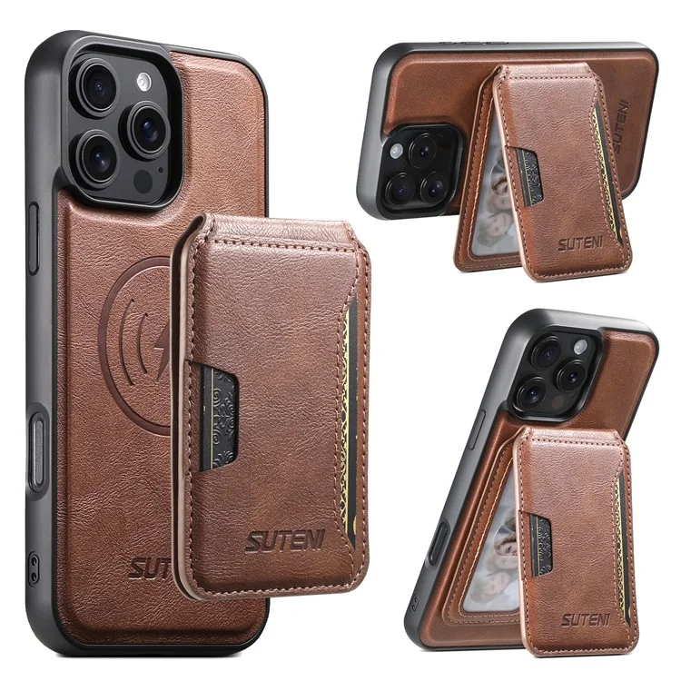 SUTENI M3 For iPhone 16 Pro Max Magnetic Case Cowhide Texture Leather Back Cover with Card Bag Kickstand - Brown