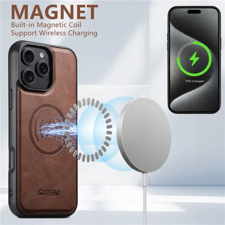 SUTENI M3 For iPhone 16 Pro Max Magnetic Case Cowhide Texture Leather Back Cover with Card Bag Kickstand - Brown