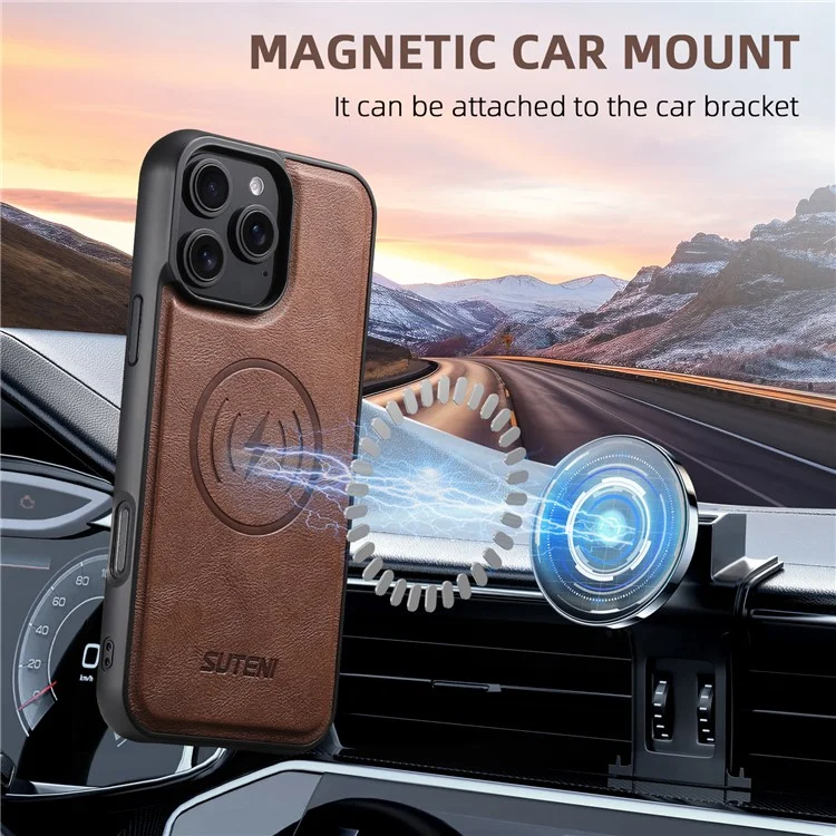 SUTENI M3 For iPhone 16 Pro Max Magnetic Case Cowhide Texture Leather Back Cover with Card Bag Kickstand - Brown
