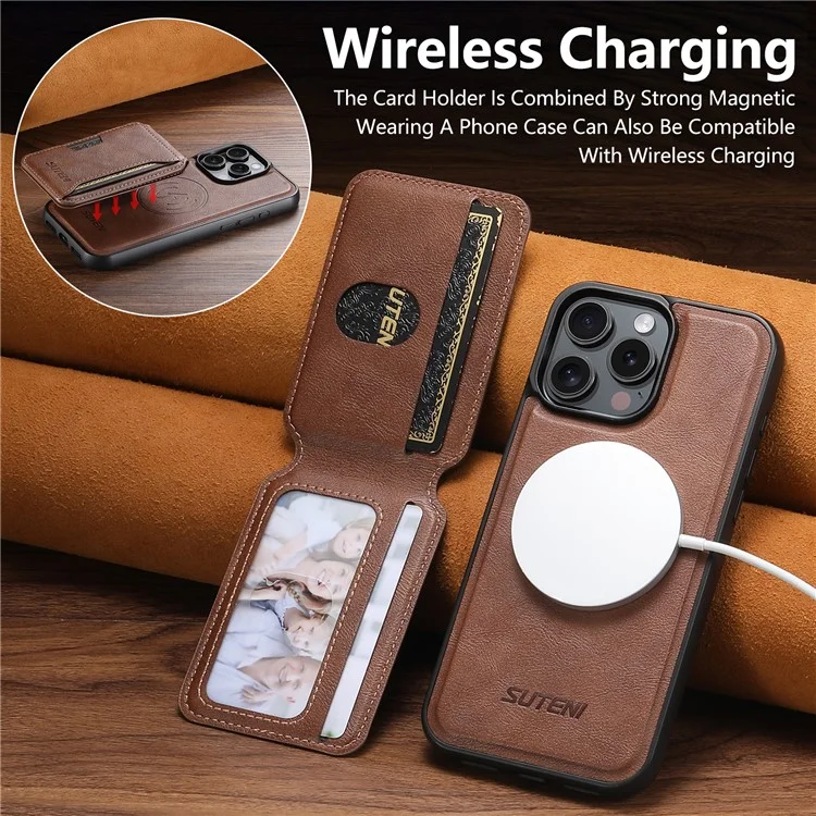 SUTENI M3 For iPhone 16 Pro Max Magnetic Case Cowhide Texture Leather Back Cover with Card Bag Kickstand - Brown