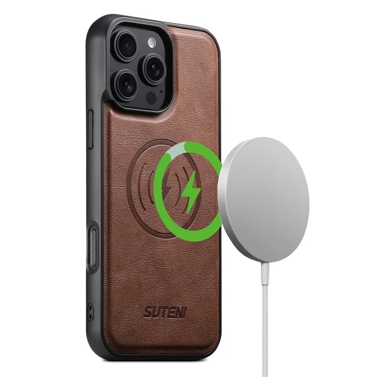 SUTENI M3 For iPhone 16 Pro Max Magnetic Case Cowhide Texture Leather Back Cover with Card Bag Kickstand - Brown
