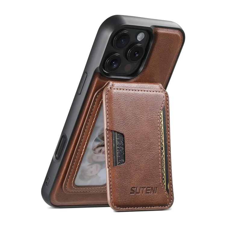 SUTENI M3 For iPhone 16 Pro Max Magnetic Case Cowhide Texture Leather Back Cover with Card Bag Kickstand - Brown