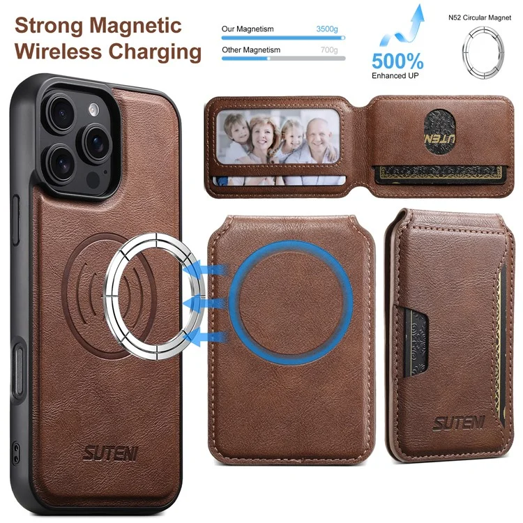 SUTENI M3 For iPhone 16 Pro Max Magnetic Case Cowhide Texture Leather Back Cover with Card Bag Kickstand - Brown