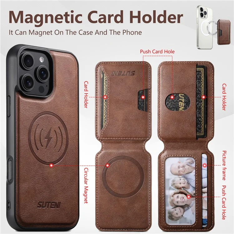SUTENI M3 For iPhone 16 Pro Max Magnetic Case Cowhide Texture Leather Back Cover with Card Bag Kickstand - Brown