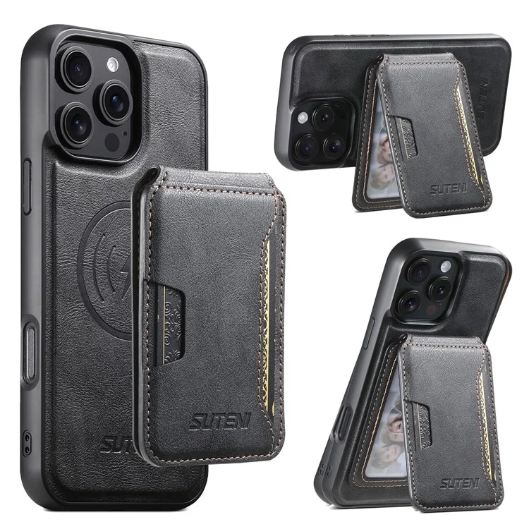 SUTENI M3 For iPhone 16 Pro Magnetic Case Cowhide Texture Leather Back Cover with Card Bag Kickstand - Black