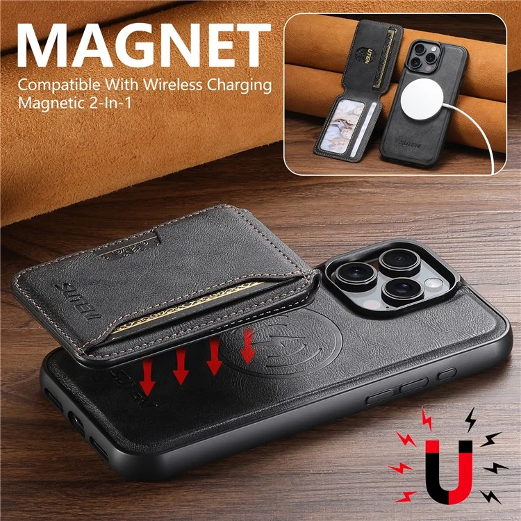 SUTENI M3 For iPhone 16 Pro Magnetic Case Cowhide Texture Leather Back Cover with Card Bag Kickstand - Black