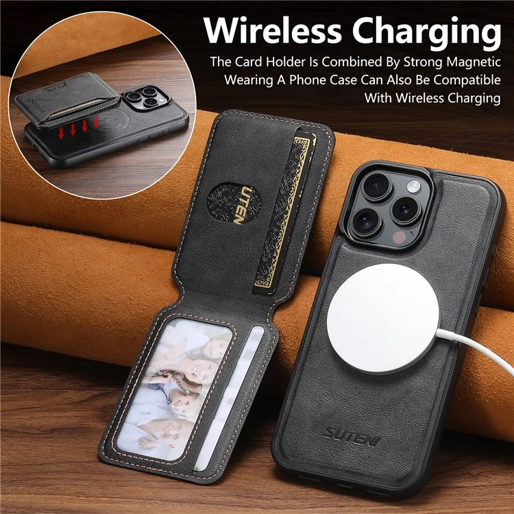 SUTENI M3 For iPhone 16 Pro Magnetic Case Cowhide Texture Leather Back Cover with Card Bag Kickstand - Black