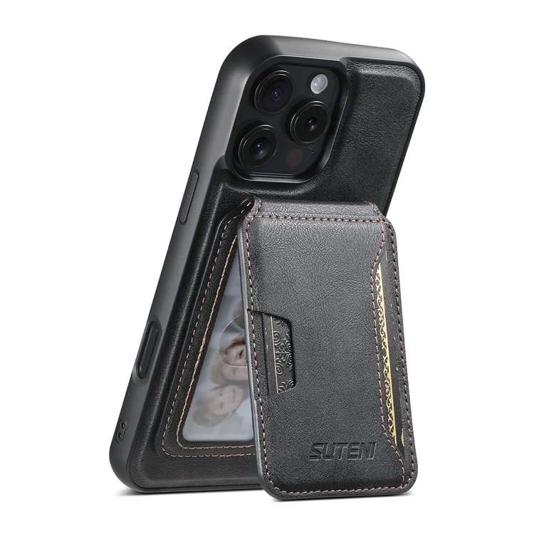 SUTENI M3 For iPhone 16 Pro Magnetic Case Cowhide Texture Leather Back Cover with Card Bag Kickstand - Black