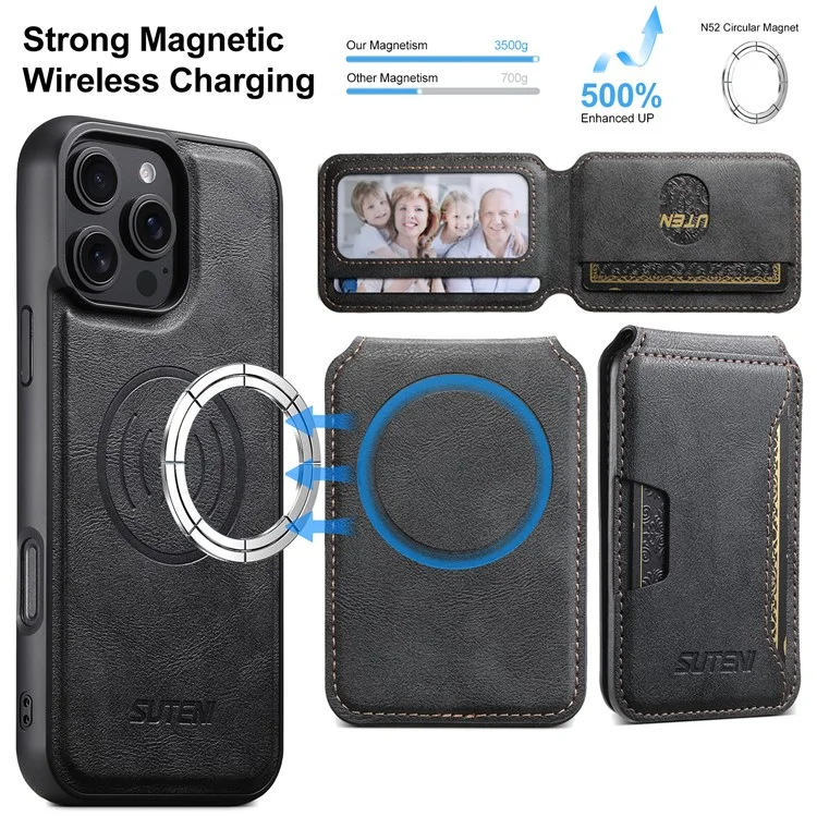 SUTENI M3 For iPhone 16 Pro Magnetic Case Cowhide Texture Leather Back Cover with Card Bag Kickstand - Black