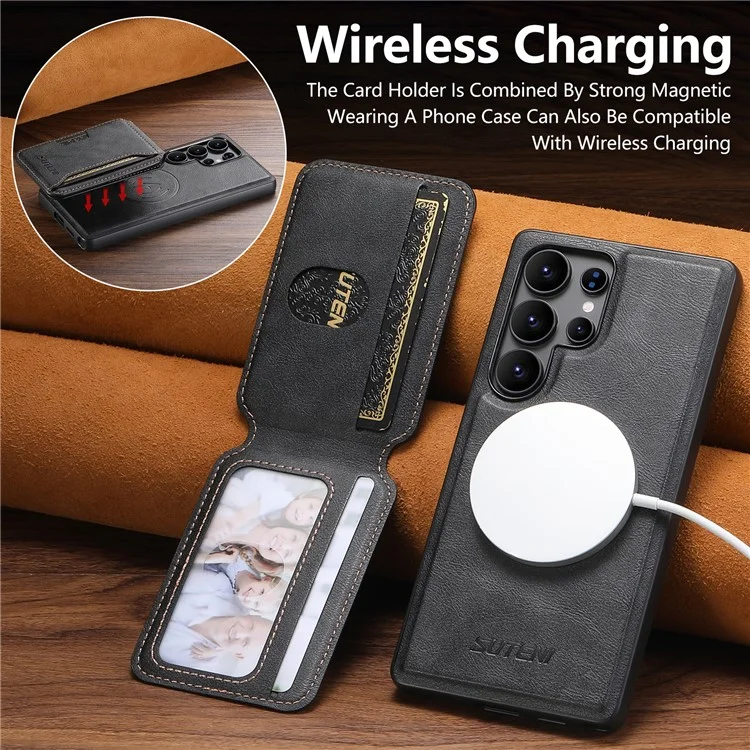 SUTENI M3 Para Samsung Galaxy S23 Ultra Capa Magnética Textura de Couro + Capa de Telefone TPU com Bolsa Destacável para Cartão - Preto