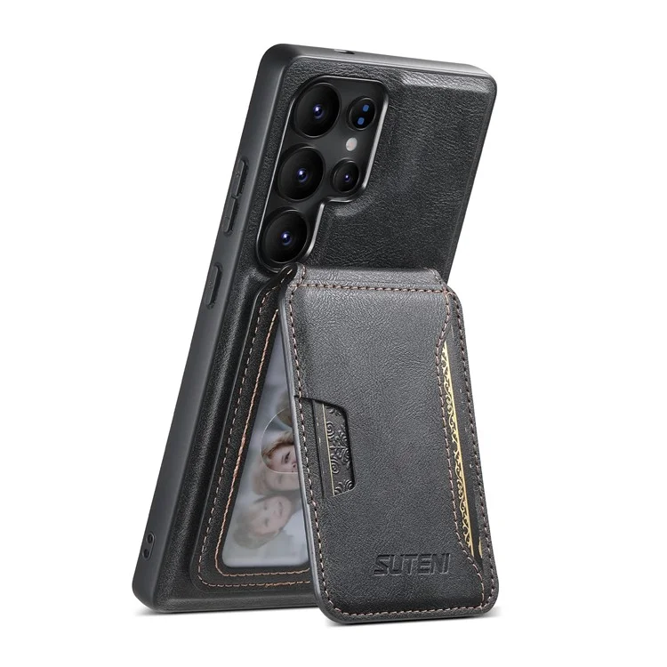 SUTENI M3 Para Samsung Galaxy S23 Ultra Capa Magnética Textura de Couro + Capa de Telefone TPU com Bolsa Destacável para Cartão - Preto