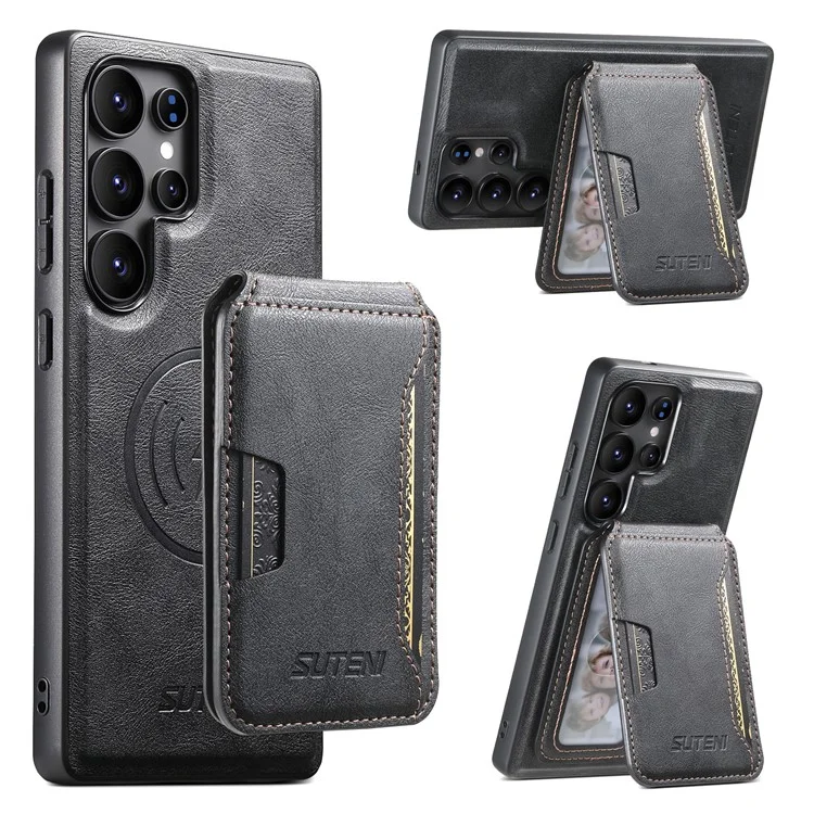 SUTENI M3 Funda Magnética de Cuero con Textura de Piel de Vaca + TPU para Samsung Galaxy S22 Ultra, con Bolsa de Tarjetas Extraíble - Negro