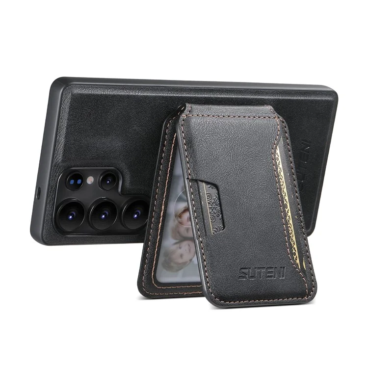 SUTENI M3 Funda Magnética de Cuero con Textura de Piel de Vaca + TPU para Samsung Galaxy S22 Ultra, con Bolsa de Tarjetas Extraíble - Negro