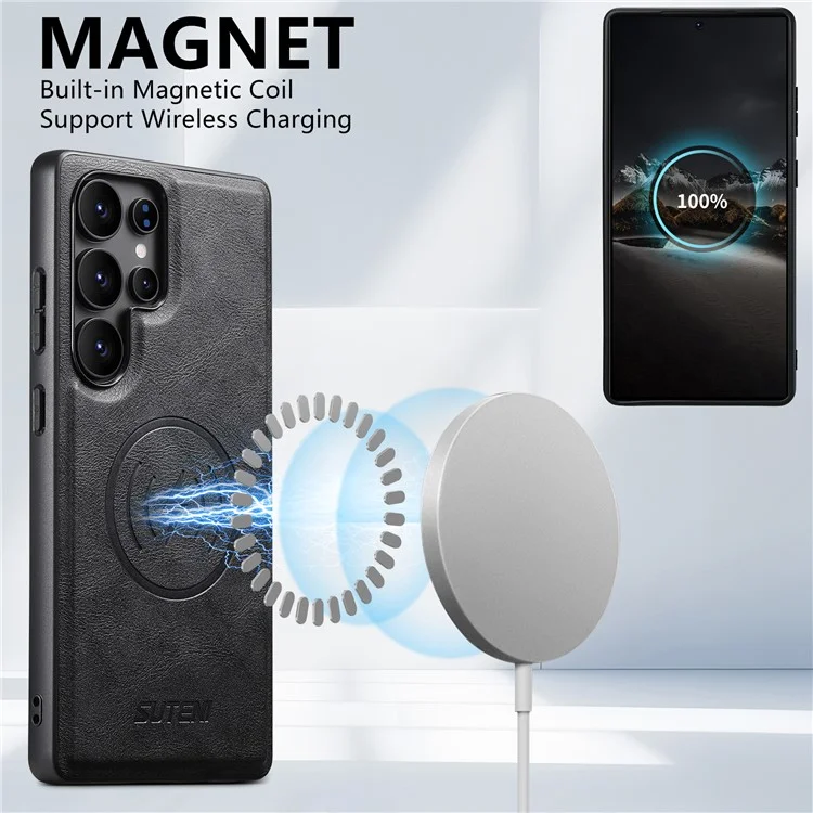 SUTENI M3 Funda Magnética de Cuero con Textura de Piel de Vaca + TPU para Samsung Galaxy S22 Ultra, con Bolsa de Tarjetas Extraíble - Negro
