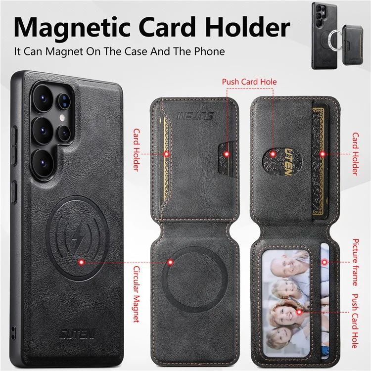 SUTENI M3 Funda Magnética de Cuero con Textura de Piel de Vaca + TPU para Samsung Galaxy S22 Ultra, con Bolsa de Tarjetas Extraíble - Negro