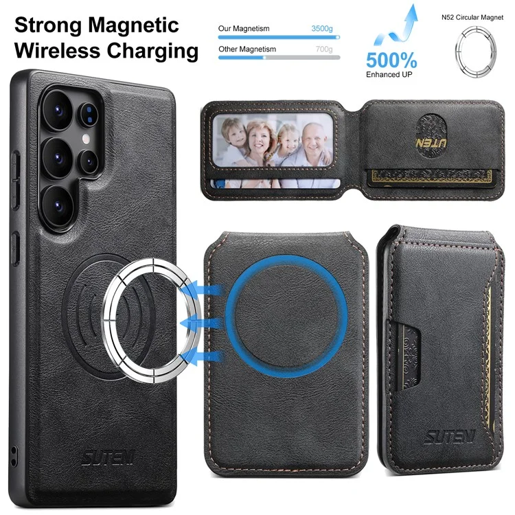 SUTENI M3 Funda Magnética de Cuero con Textura de Piel de Vaca + TPU para Samsung Galaxy S22 Ultra, con Bolsa de Tarjetas Extraíble - Negro