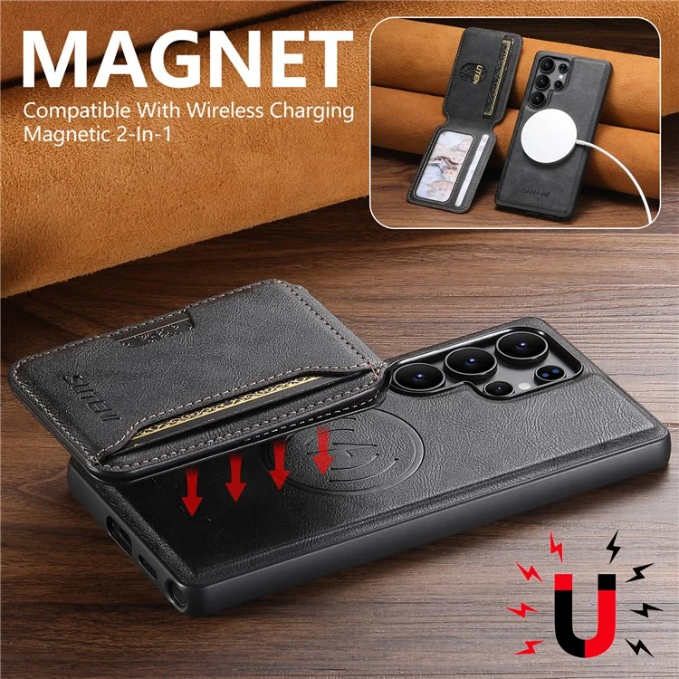 SUTENI M3 Funda Magnética de Cuero con Textura de Piel de Vaca + TPU para Samsung Galaxy S22 Ultra, con Bolsa de Tarjetas Extraíble - Negro