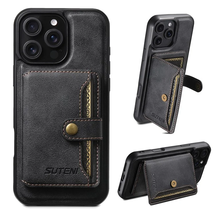SUTENI M4 Para iPhone 16 Pro Estuche magnético Bolsa de tarjeta desmontable Textura de cuero de vaca + Cubierta de TPU - Negro