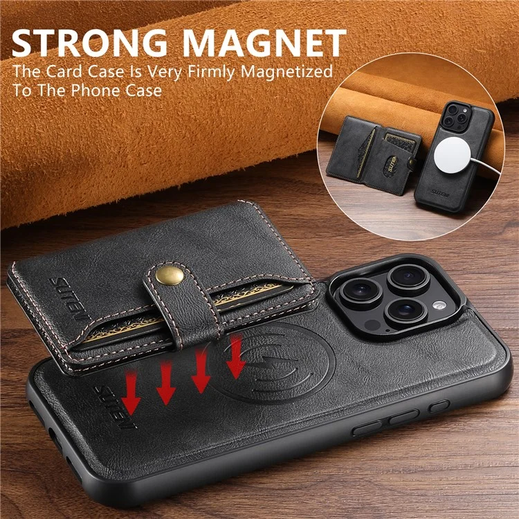 SUTENI M4 Para iPhone 16 Pro Estuche magnético Bolsa de tarjeta desmontable Textura de cuero de vaca + Cubierta de TPU - Negro