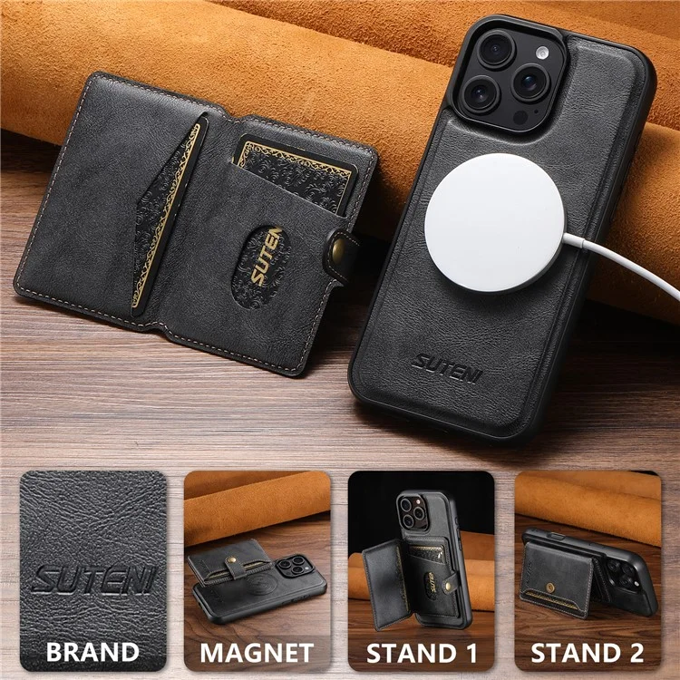 SUTENI M4 Para iPhone 16 Pro Estuche magnético Bolsa de tarjeta desmontable Textura de cuero de vaca + Cubierta de TPU - Negro