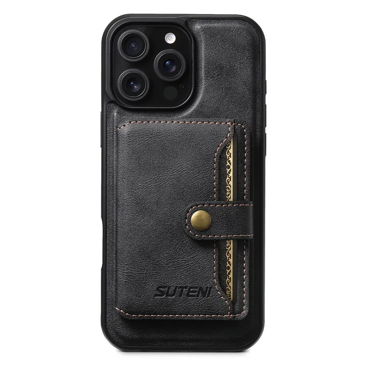 SUTENI M4 Para iPhone 16 Pro Estuche magnético Bolsa de tarjeta desmontable Textura de cuero de vaca + Cubierta de TPU - Negro