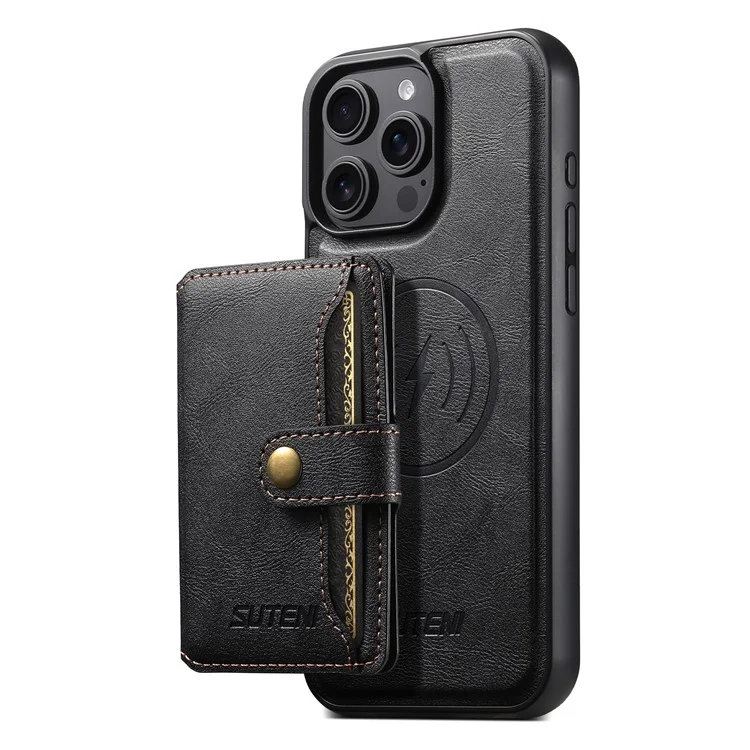 SUTENI M4 Para iPhone 16 Pro Estuche magnético Bolsa de tarjeta desmontable Textura de cuero de vaca + Cubierta de TPU - Negro