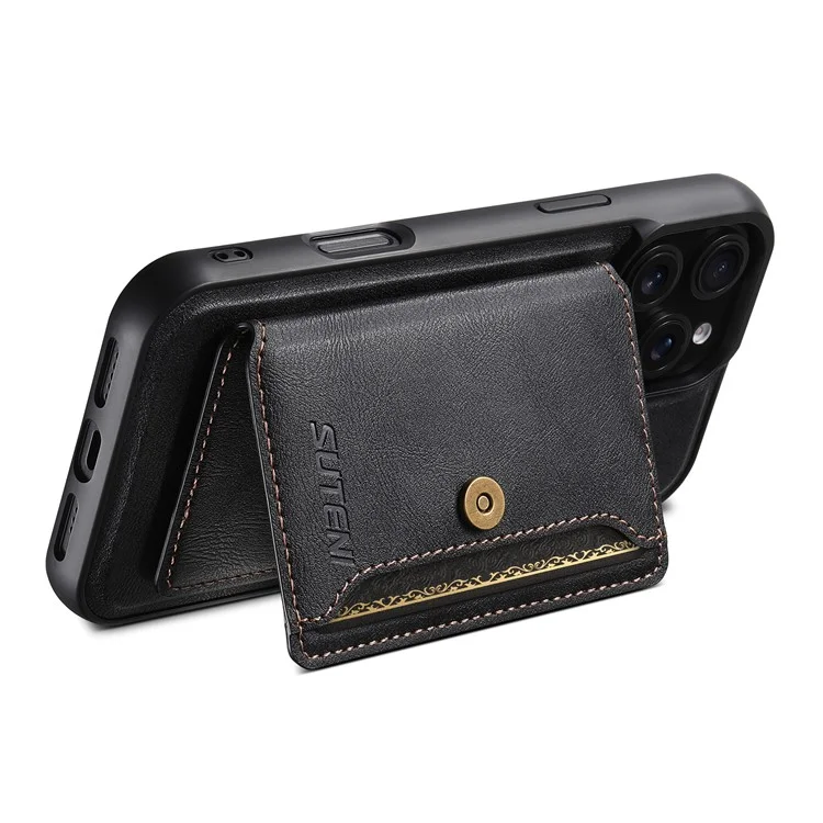 SUTENI M4 Para iPhone 16 Pro Estuche magnético Bolsa de tarjeta desmontable Textura de cuero de vaca + Cubierta de TPU - Negro