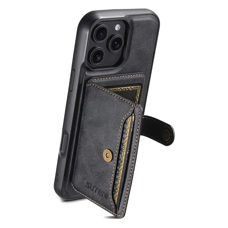 SUTENI M4 Para iPhone 16 Pro Estuche magnético Bolsa de tarjeta desmontable Textura de cuero de vaca + Cubierta de TPU - Negro