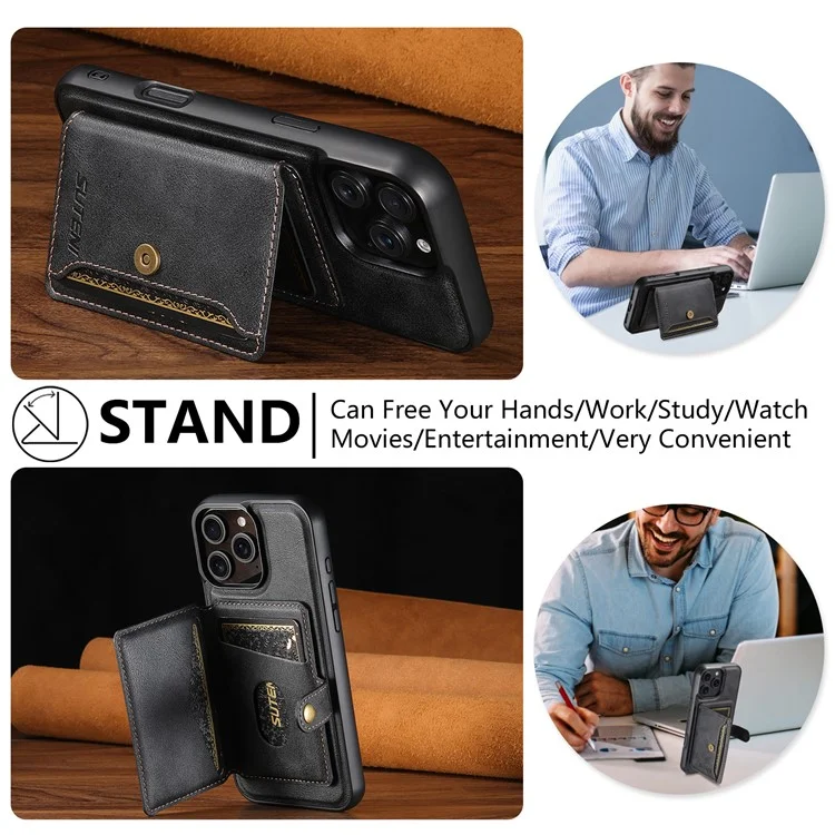 SUTENI M4 Para iPhone 16 Pro Estuche magnético Bolsa de tarjeta desmontable Textura de cuero de vaca + Cubierta de TPU - Negro
