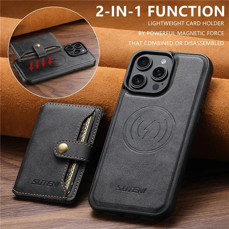 SUTENI M4 Para iPhone 16 Pro Estuche magnético Bolsa de tarjeta desmontable Textura de cuero de vaca + Cubierta de TPU - Negro