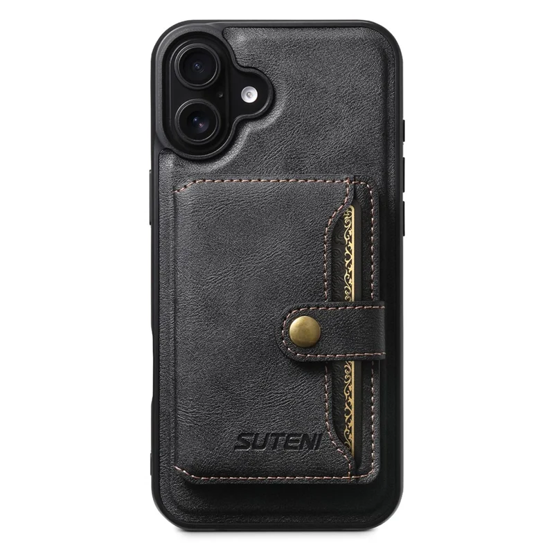 SUTENI M4 For iPhone 16 Plus Magnetic Case with Card Holder Cowhide Texture Leather Back Cover - Black