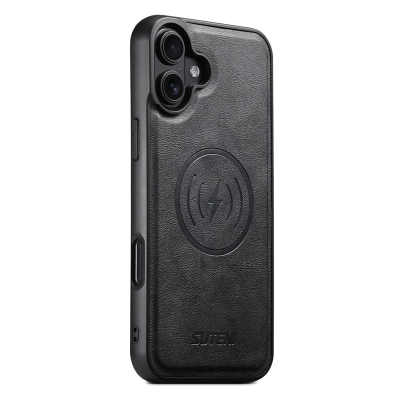 SUTENI M4 For iPhone 16 Plus Magnetic Case with Card Holder Cowhide Texture Leather Back Cover - Black